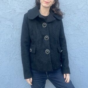 JOUJOU Black Wool Blend y2k Coat Pockets Size M Large collar jacket Jackie O